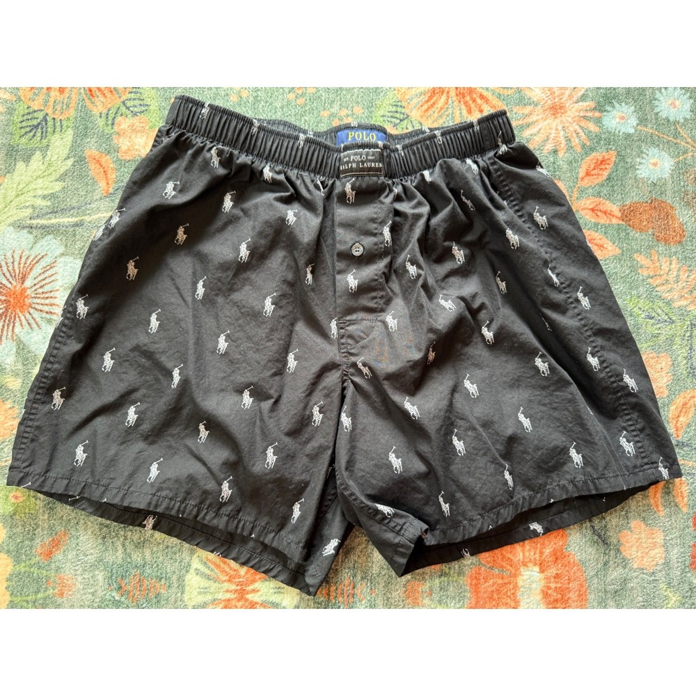 Polo Ralph Lauren Mens Black Woven Boxer‎ Shorts All Over Pony Logo Size Medium